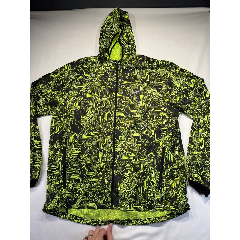 Nike Running Mens XL Packable Windbreaker Jacket Volt Black Circuit Board Print